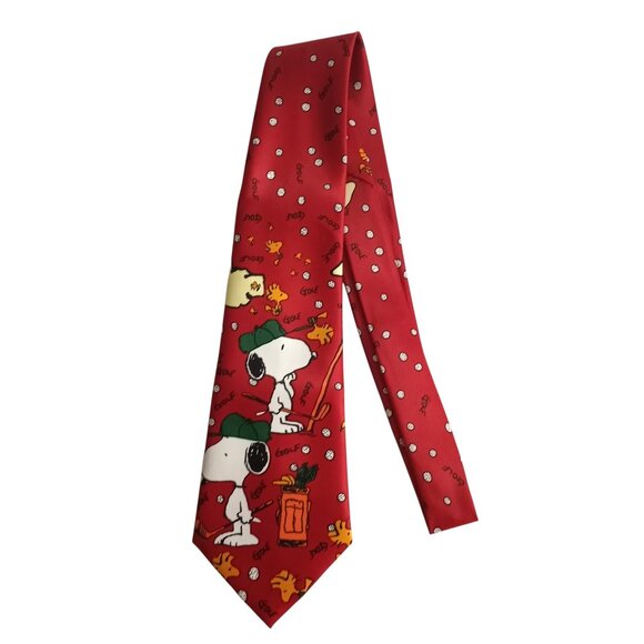 Vintage Snoopy & Woodstock Golfing Red Print 100% Silk Neck Tie by Mercedes - Picture 3 of 5